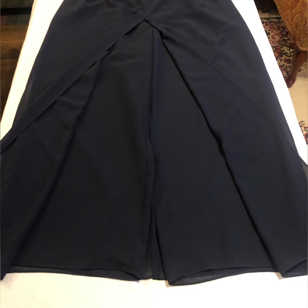 Formal maxi pant skirt set; R&M Richards Navy split skirt pant, top, jacket set.
